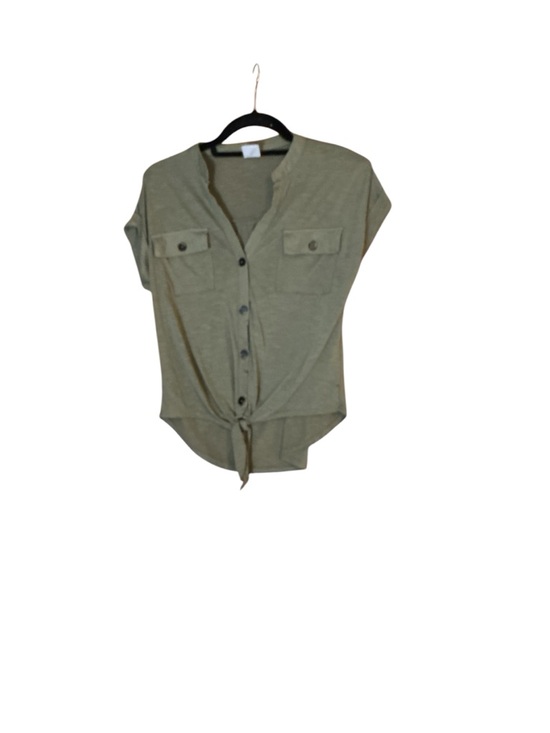 No Boundaries Tops - Tie-Front Short Sleeve Button Shirt - Olive Green